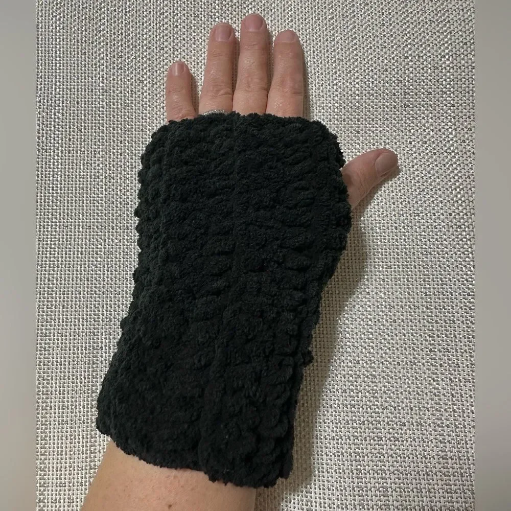 Hand crafted black crochet chenille fingerless hand warmers